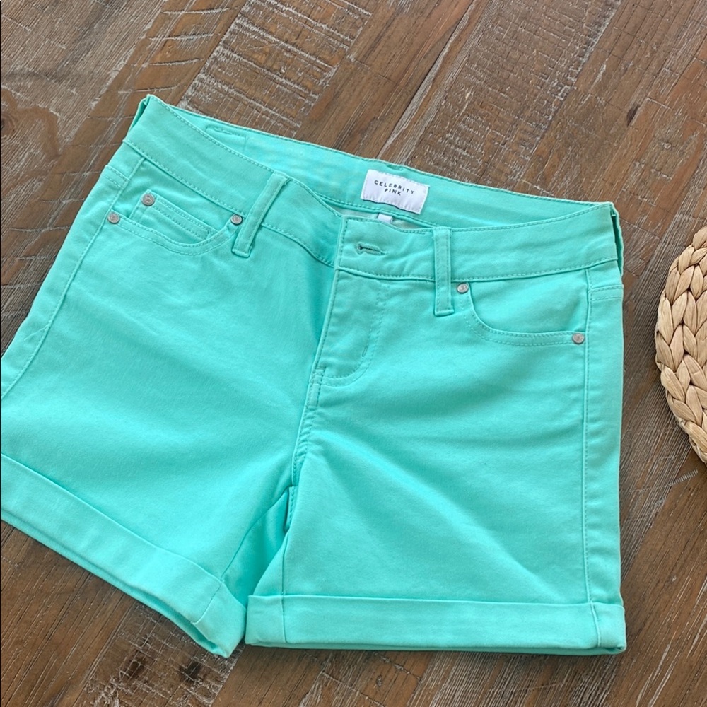 Celebrity Pink Green Jean Shorts Mid-Thigh